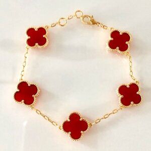 Red Carnelian 5 Quatrefoil Clover Motif Gold Bracelet